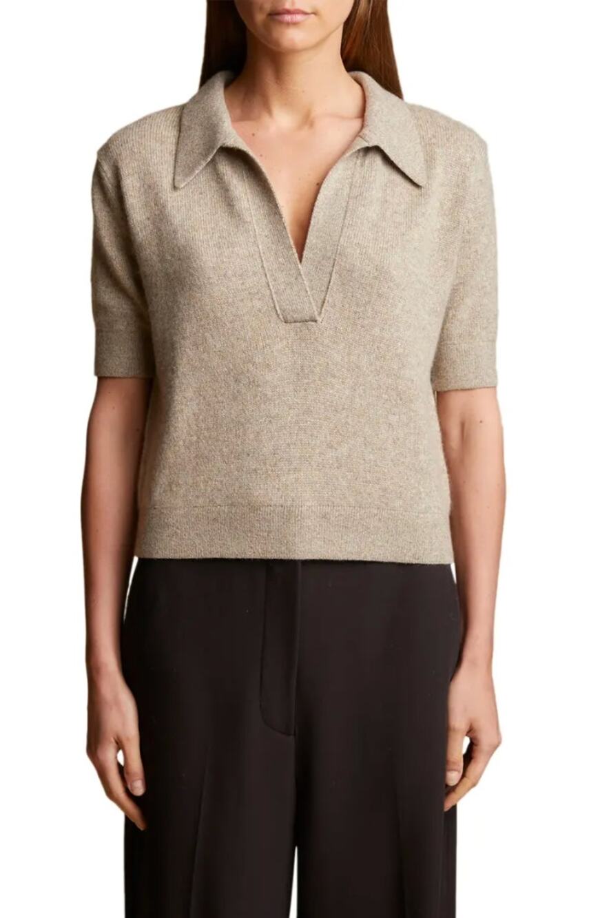 Khaite Shrunken Jo Cashmere Polo Sweater Size S Sepia Beige Tan